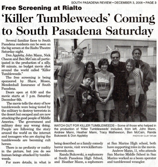 South Pasadena Review article: Killer Tumbleweeds Coming to South Pasadena Saturday