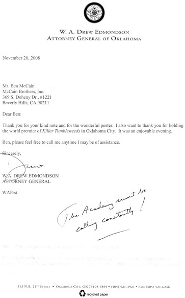 Original letter from W. A. Drew Edmondson, Attorney General of Oklahoma, November 20, 2008
